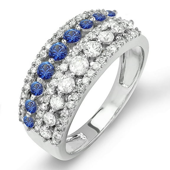 Dazzlingrock Collection 18K Round Blue Sapphire And White Diamond Ladies Anniversary Wedding Band Ring, White Gold, Size 5.5