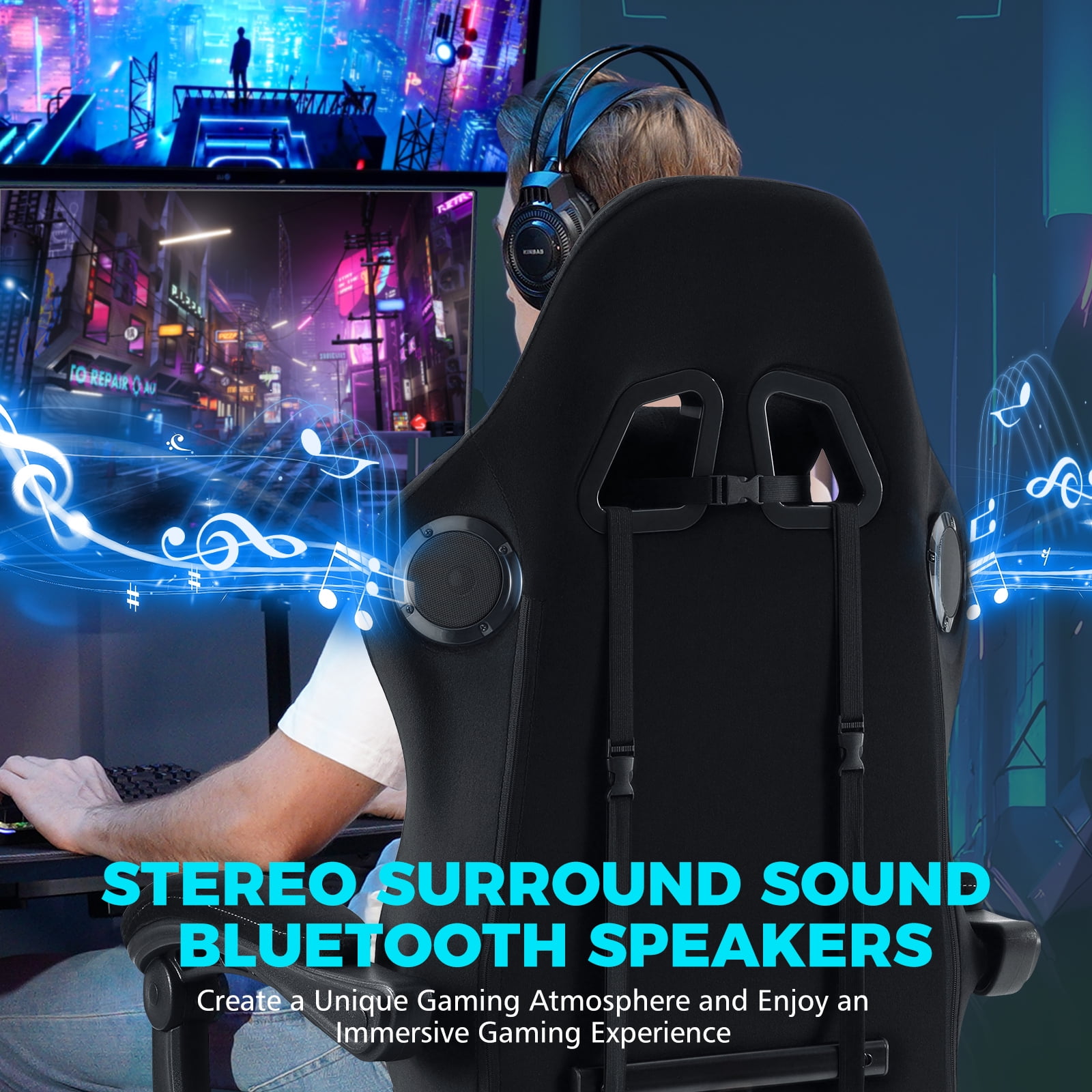 Hoffree Gaming Chair with Speakers and Massage Skin-friendly Gamer Chairs for Adults with Footrest Big and Tall Video Game Chair with Headrest and Lumbar Support for Office and Home Black