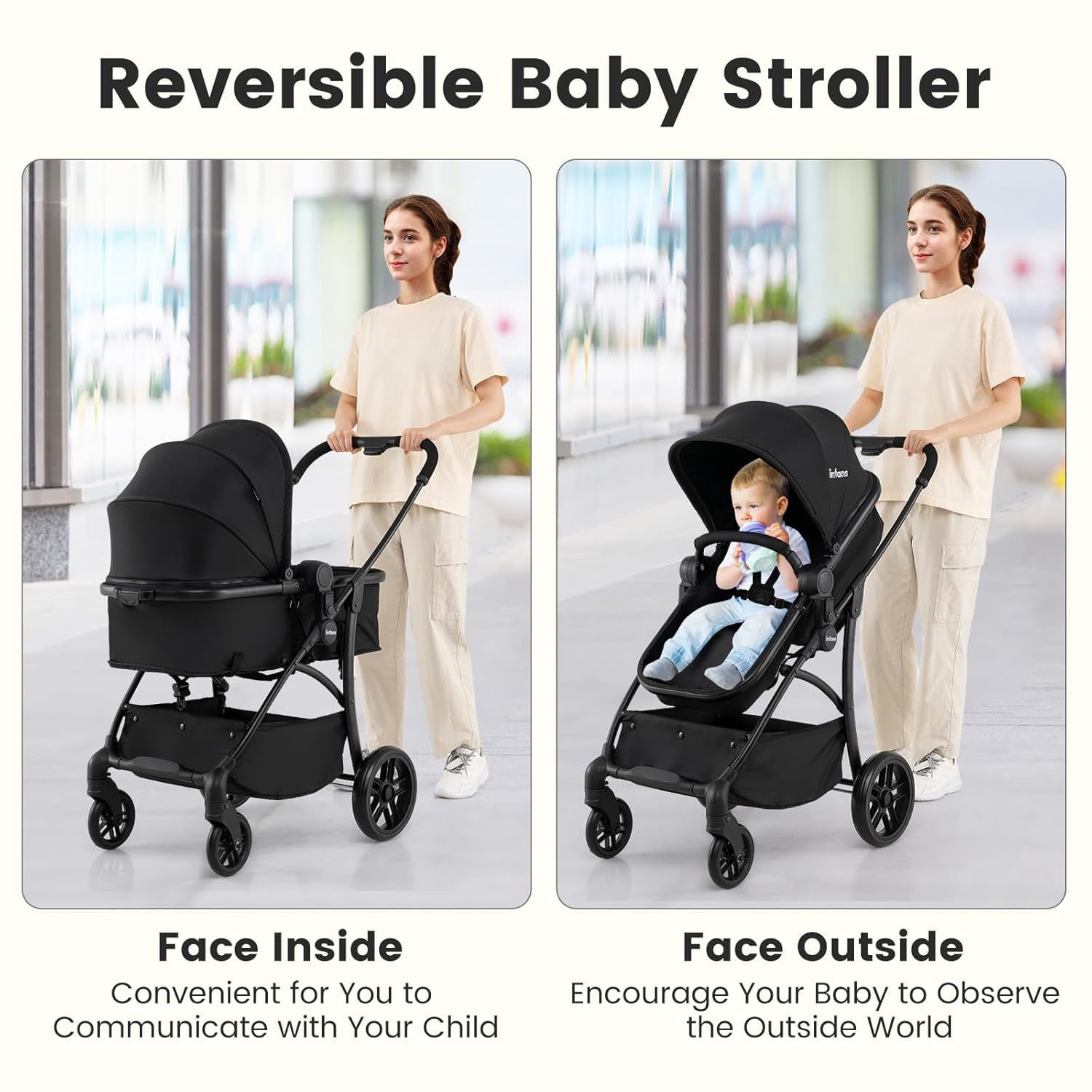 INFANS 2 in 1 Baby Stroller, Convertible Stroller with Bassinet Reversible Seat Adjustable Backrest Canopy One Hand Fold, Compact Toddler Pushchair for Kids Infants Newborns 0-36 Months