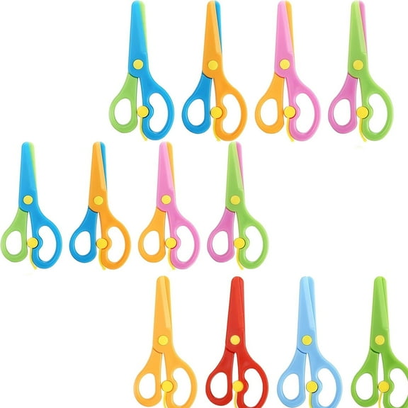 Tutuviw 12Pcs Toddler Scissors Safety Scissors Plastic Blunt Tip Safety Scissors Dual-Colour Training Scissors For Cutting Tools Paper Craft Supplies, Anti-Pinch Design(Random Color)