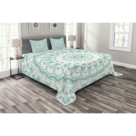 Tribal Art Carving - Aqua Bedspread Set, Mandala Tribal Ethnic Tie Dye Effect Floral Leaves Seem Design Image Art Print, Decorative Quilted Coverlet Set with Pillow Shams Included, Sea Green White, by Ambesonne