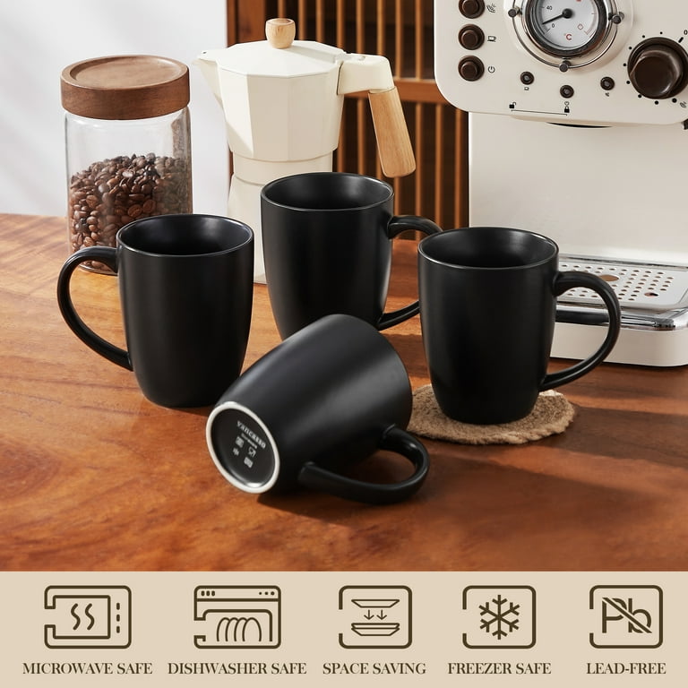 16oz Coffee Mugs Set, 4 Pack Stoneware Coffee Mugs, Matte Black Coffee Cup Set, Restaurant Mugs for Coffee, Tea, Cappuccino, Cocoa, Cereal