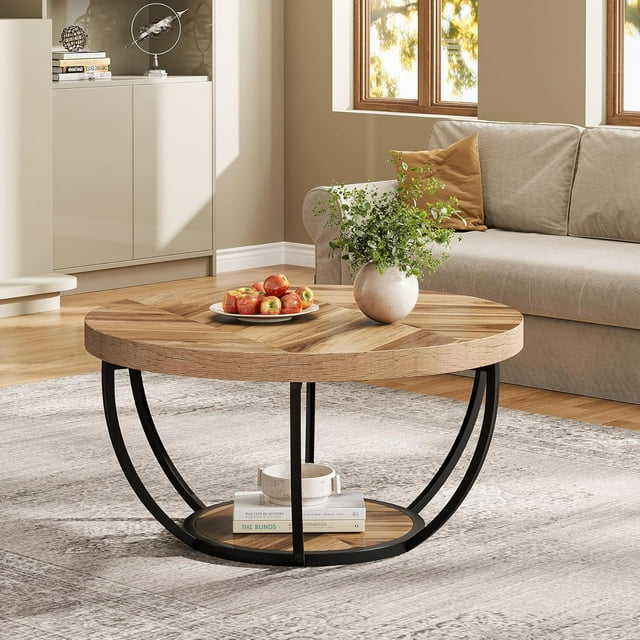 Tribesigns Table Basse Ronde, Table Basse Industrielle à 2 Niveaux en Forme de Cercle avec Étagères de Rangement, Table Centrale Moderne de 31,7 Pouces en Bois pour Salon, Bureau à Domicile, Grain de Bois et Noir