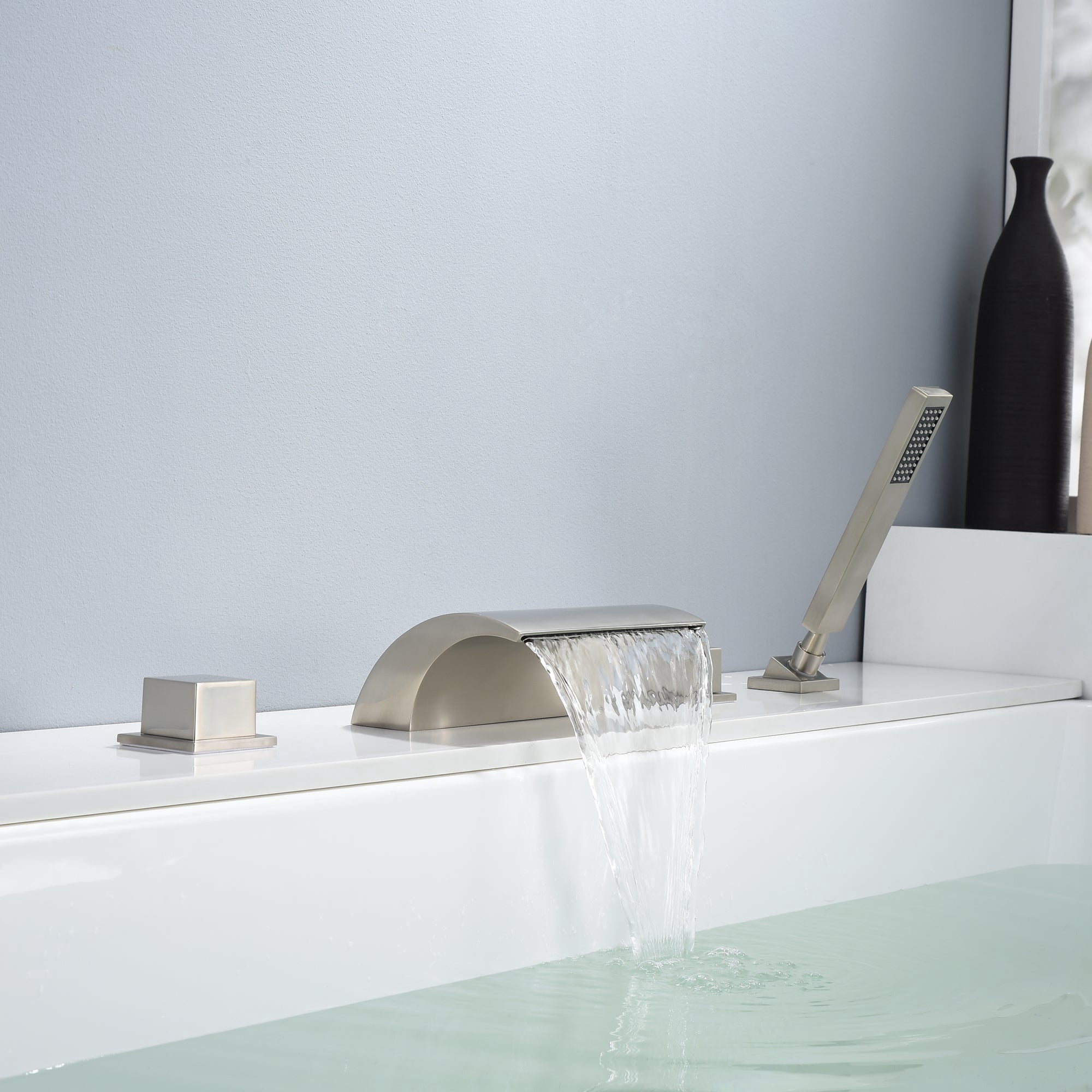 Brushed Nickel High Flow Bathtub Faucet with Sprayer, Waterfall Tub Spout with Diverter