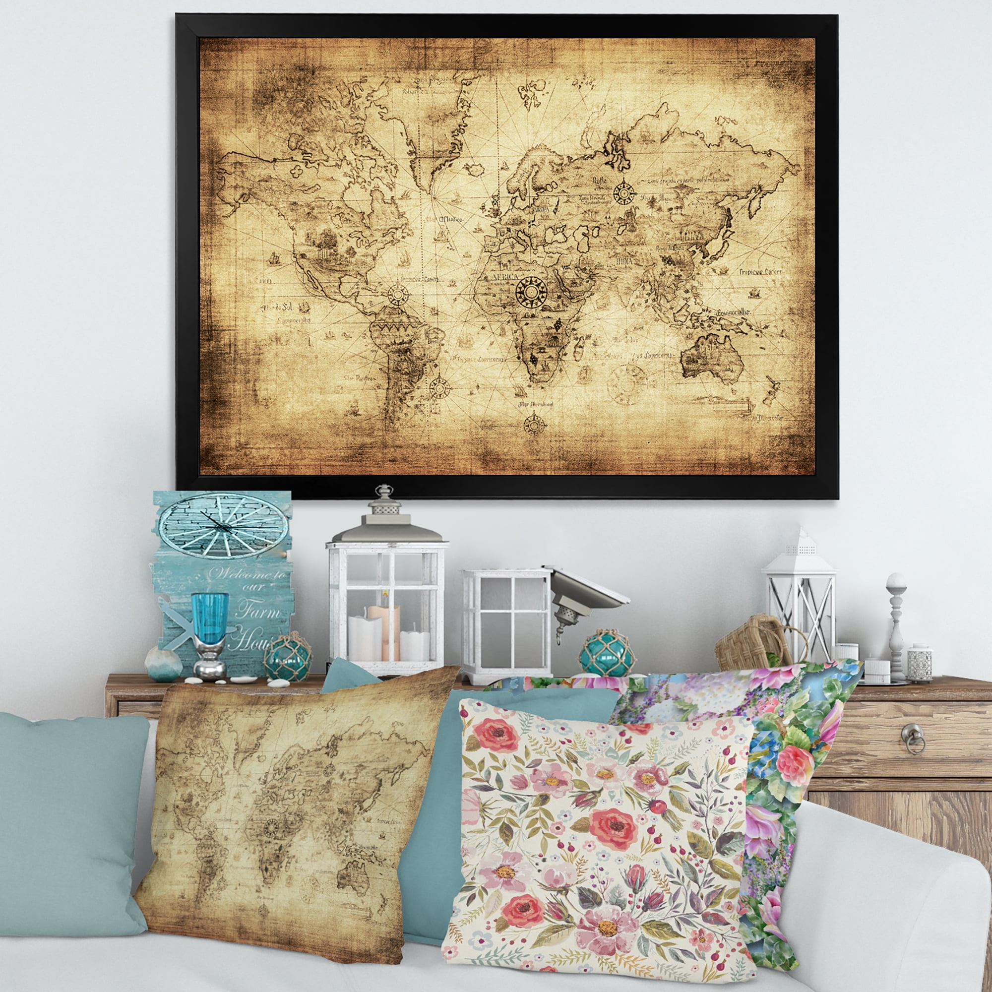 Designart 'Ancient World Map IV' Vintage Framed Art Print