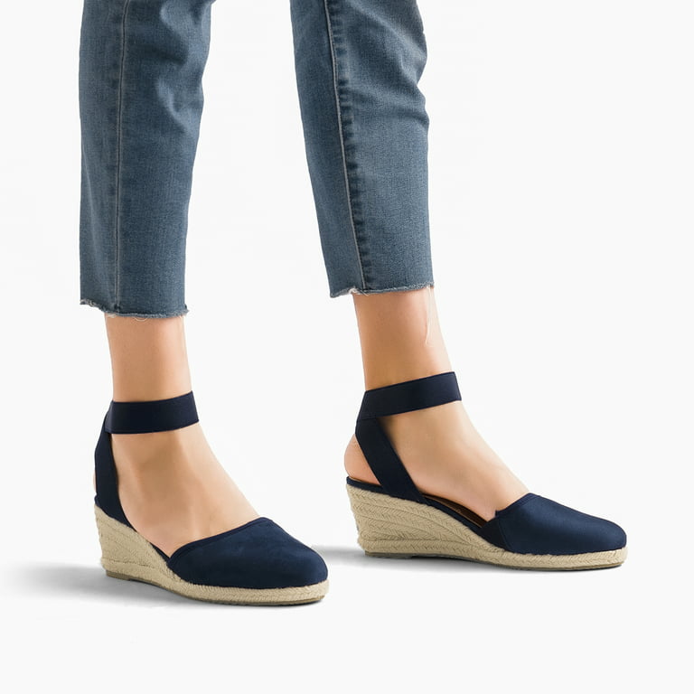 Dream Pairs Women's Comfort Elastic Ankle Strap Shoes Espadrilles Wedge Sandals Amanda-1 Navy Size 8.5
