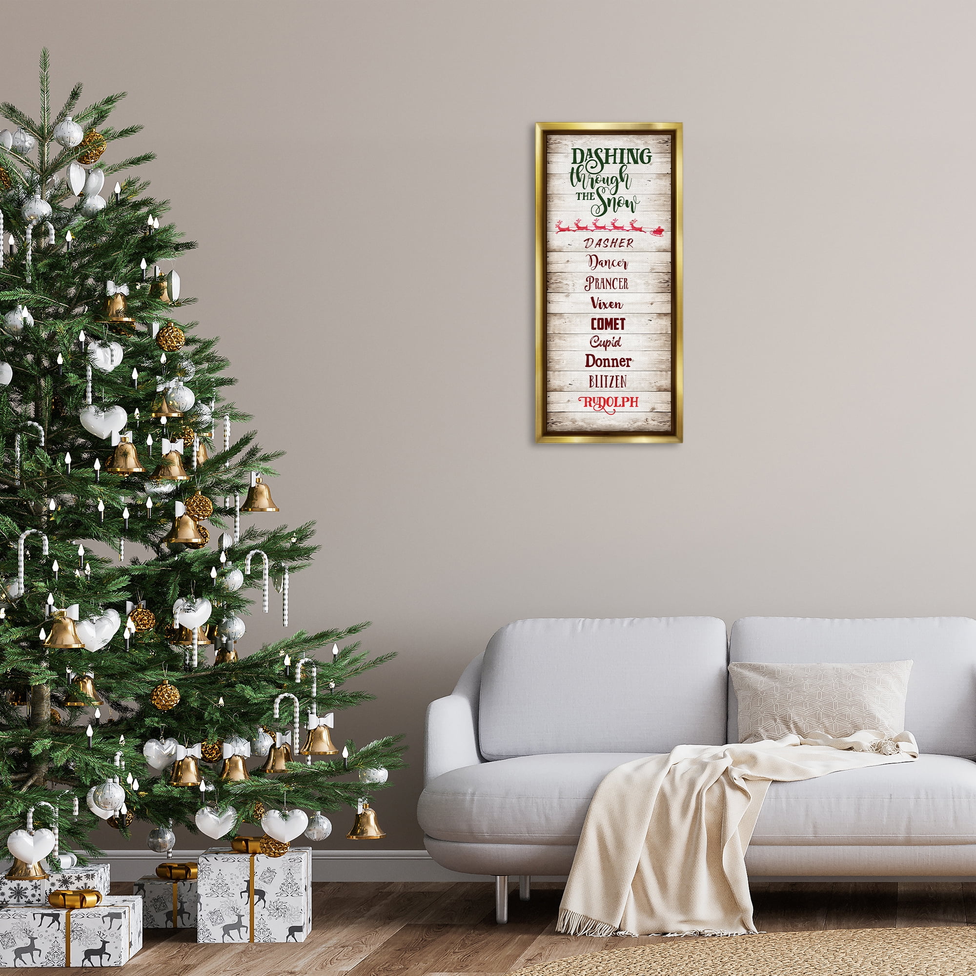 Stupell Industries Rustic Santa's Reindeer Holiday Painting Gold Floater Framed Canvas Art Prints Wall Art, 15 x 31
