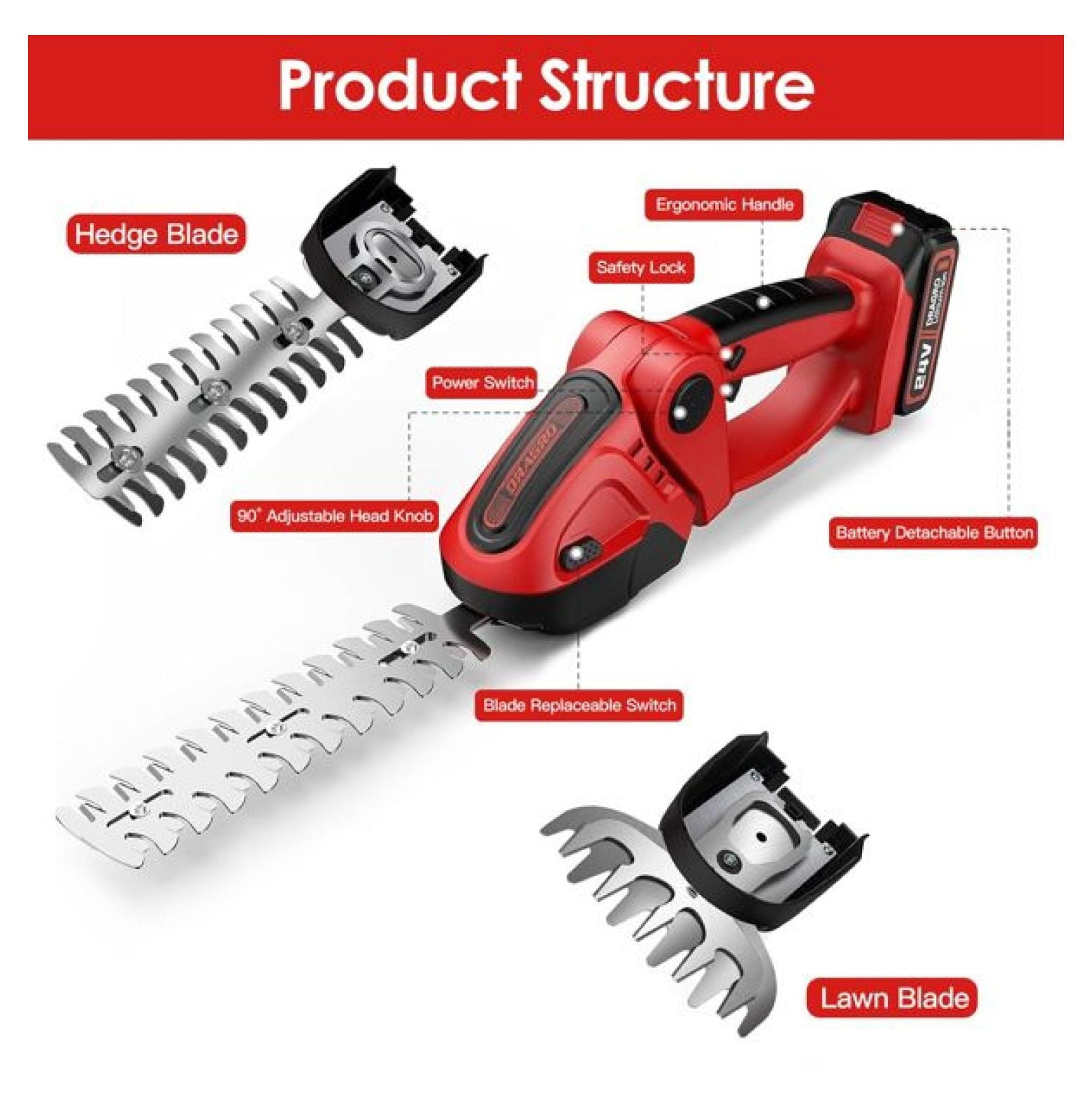 24V Cordless Handheld Grass Shear Hedge Trimmer with 90° Cutting Angle 2Pcs Replaceable Blades Electric Shrub Trimmer Hedge Cutter with Detachable Battery for Garden Lawn