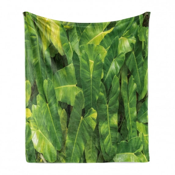 Philodendron Soft Flannel Fleece Throw Blanket, Photo of Fresh Green Monstera Tropic Nature Botany, Cozy Plush for Indoor and Outdoor Use, 70" x 90", Yellow Olive Green, by Ambesonne