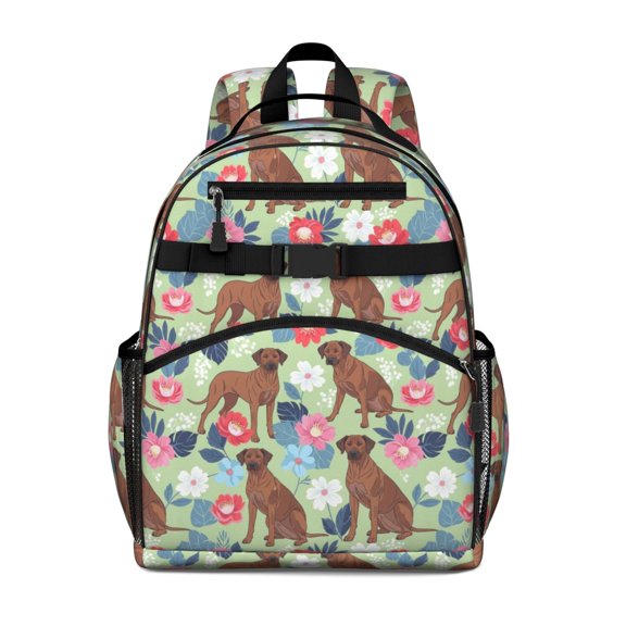 Rhodesian Ridgeback and Floral Backpack for School, Cute School Bag with Adjustable Shoulder Straps and Padded Back, 15.25"x11.5"x5.25"