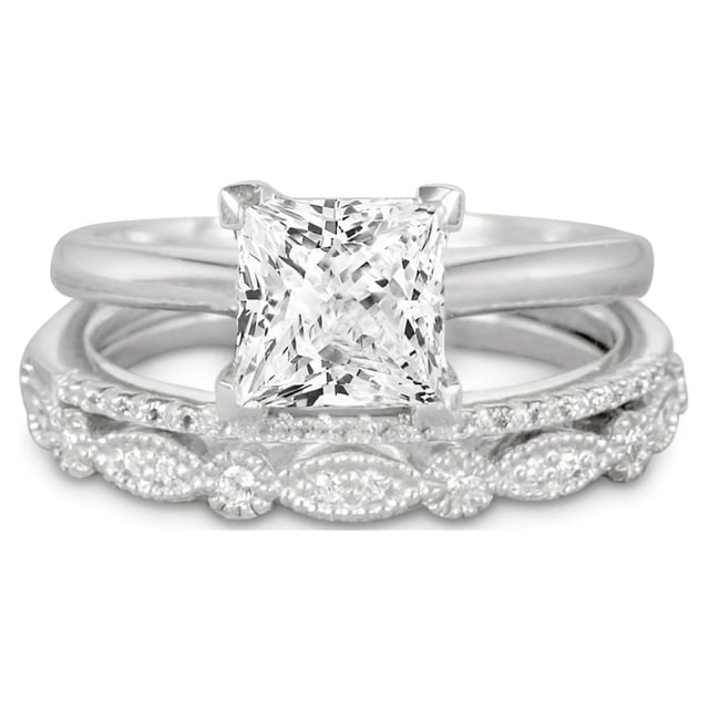 JeenMata Juego de Anillos de Boda Estilo Princesa de 2 Quilates - Juego de Novia - Juego de Trío de Boda - Anillo de Compromiso - Anillo Art Déco - Anillo de Promesa - Plata Esterlina