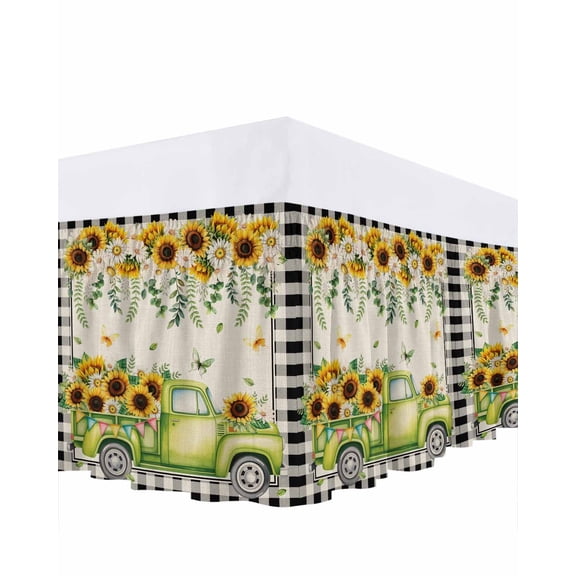 Spring Truck Bed Skirt Queen Size 16 Inch Drop, Rustic White Yellow Floral Linen Texture Black Plaid Adjustable Elastic Dust Ruffles Bedskirt for Queen Bed Wrap Around Pleated Mattress Frame Cover