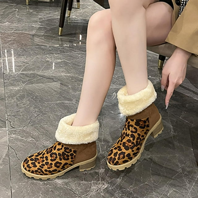 LSLJS Women's Large Size Leopard Print with Fleece Ankle Boots Chunky Heels and Bare Boots