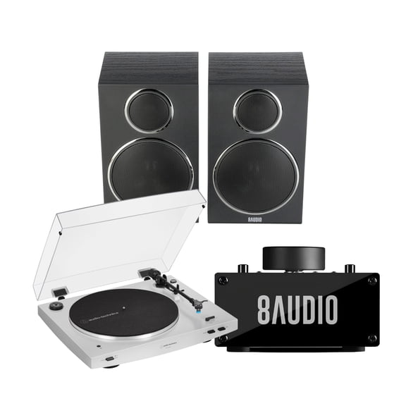 Audio Technica AT-LP3XBT Automatic Wireless Belt-Drive Turntable (White) Bundle with Desktop Amplifier System (2 Items)
