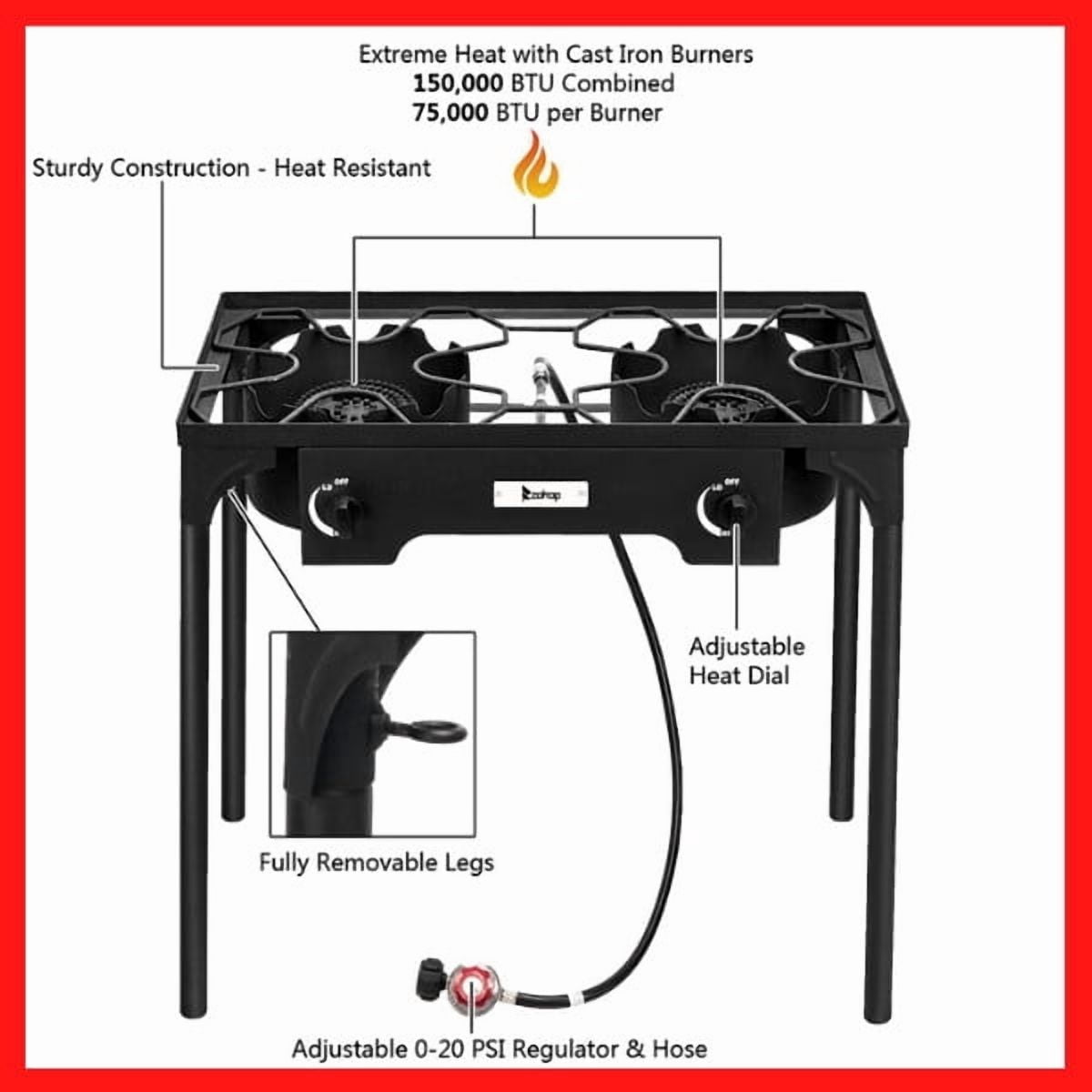 2 Burner Outdoor Propane Gas Stove 150,000 BTU High Pressure Stand Cooker for Backyard Cooking Camping Home Brewing Canning Turkey Frying, 20 PSI Regulator