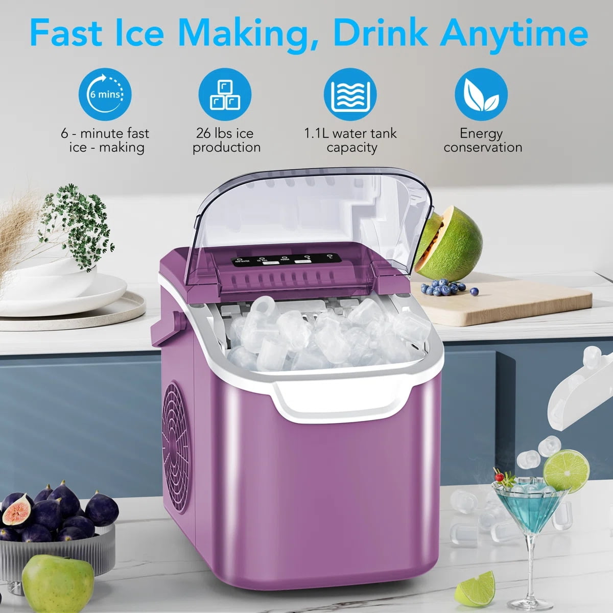 KNDKO Efficient Portable Countertop Ice Maker: Quick 8-Cube In 6 Mins, Up To 26Lb/Day, 2 Ice Sizes, Perfect For Home/Party/Travel Purple