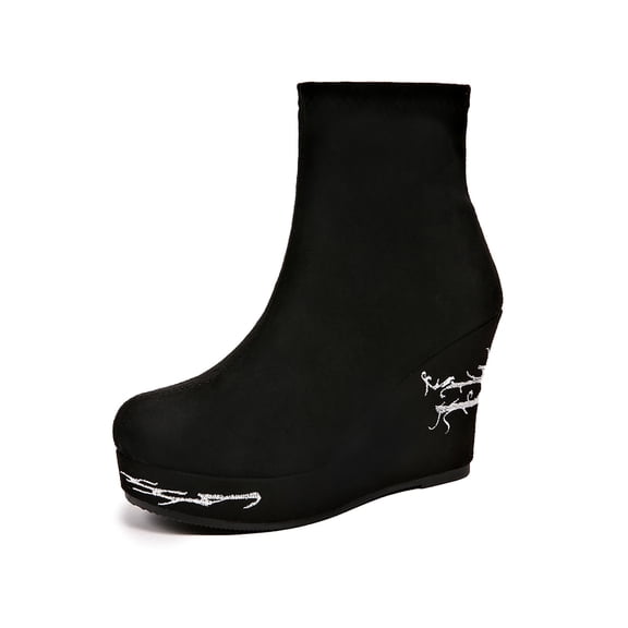 Wovix Womens Wedge Ankle Boots Suede Heels Side Zip Booties Platform Boots Round Toe Trendy Daily Streetwear Work Black 36