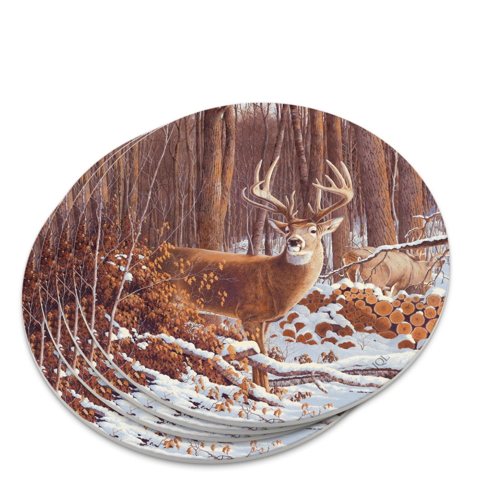 Deer Behind Cabin at Woodpile Novelty Coaster Set