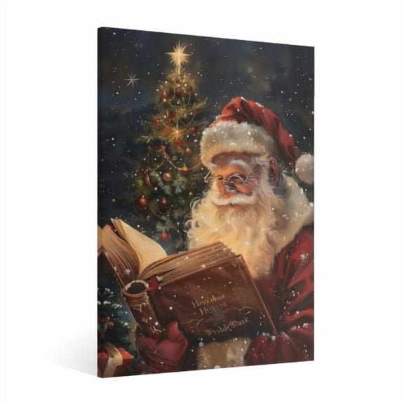 Vintage Christmas Santa Claus reading by the Christmas tree Wall Art Paint Framed - Retro Xmas Festive Winter Holiday Christmas Wall Decor Canvas Print for Living Room Kitchen Home Bedroom Decor