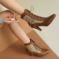 thumbnail image 4 of Women's Fashion Kitten Heel Lace Up Ankle Boots Pointed Toe Glitter Sequins Winter Fall Leather Dressy Combat Booties Brown Size 7.5, 4 of 7