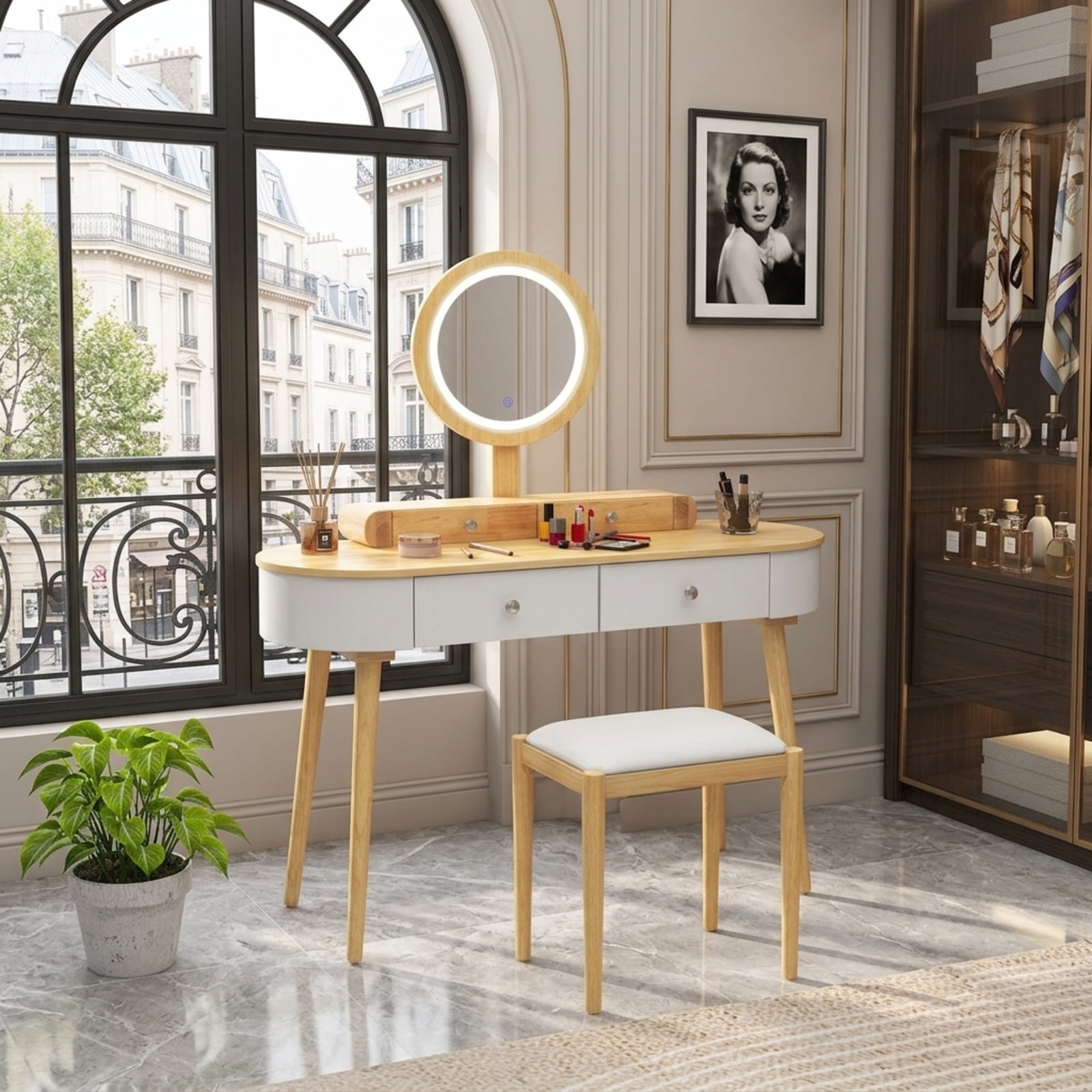 Furnibear Makeup Vanity Table Set with LED Mirror and 3 Spacious Drawers for Bedroom Makeup Dressing Room Vanity Desk Mirror Set, Natural