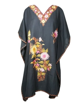 Mogul Women Black Floral Embroidered Kaftan Dress Kimono Sleeves Embellished Bohemian Housedress Tunic Caftan 3XL