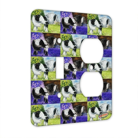 KuzmarK™ 2 Gang Single Toggle / Single Duplex Wall Plate - Piebald Gypsy Cob Breezy Day Horse Pattern Art by Denise Every