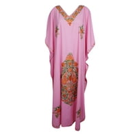 Mogul Women Pink Maxi Dress Kaftan Embellished Cotton Floral Embroidered Lounger Resort Wear Caftan Housedress 4XL