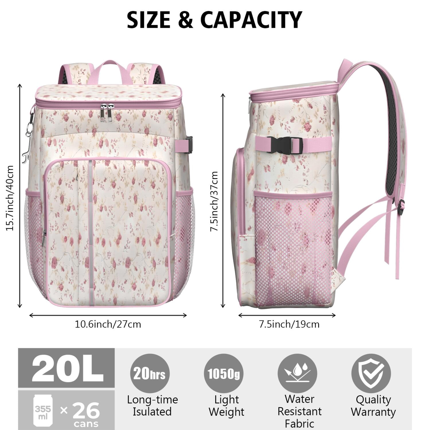 Travel Cooler Bag - Pioneer Flower Floral Print Pattern Camping Beer Cooler Backpack with Bottle Opener- Waterproof Insulated Picnic Backpacks - Cooler Bag for Beach