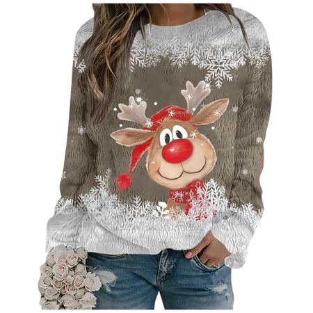 FYEGRE Ladies Christmas Reindeer Print Round Neck Sweatshirt Cozy Holiday Pullover For Women Soft Winter Fashion Top Khaki S