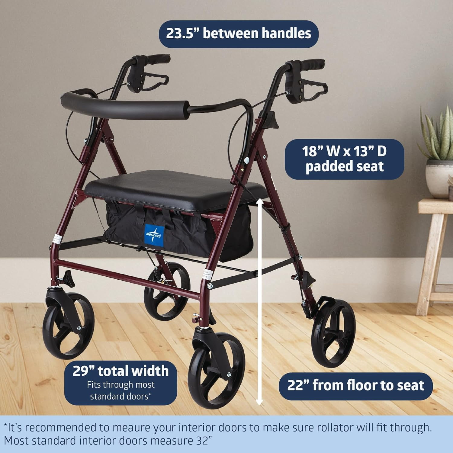 Medline Rolling Walker, Folding Rollator with Seat and 8-In Wheels, Heavy Duty, Burgundy, 500-lb Capacity, Steel