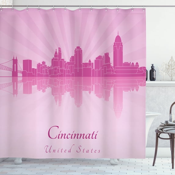 Cincinnati Shower Curtain, Sun Rays in Pastel Tones Travel Visit Tourism Reflection, Fabric Bathroom Set with Hooks, 69"WX70"L, Pale Mauve Pale Fuchsia Baby Pink, by Ambesonne