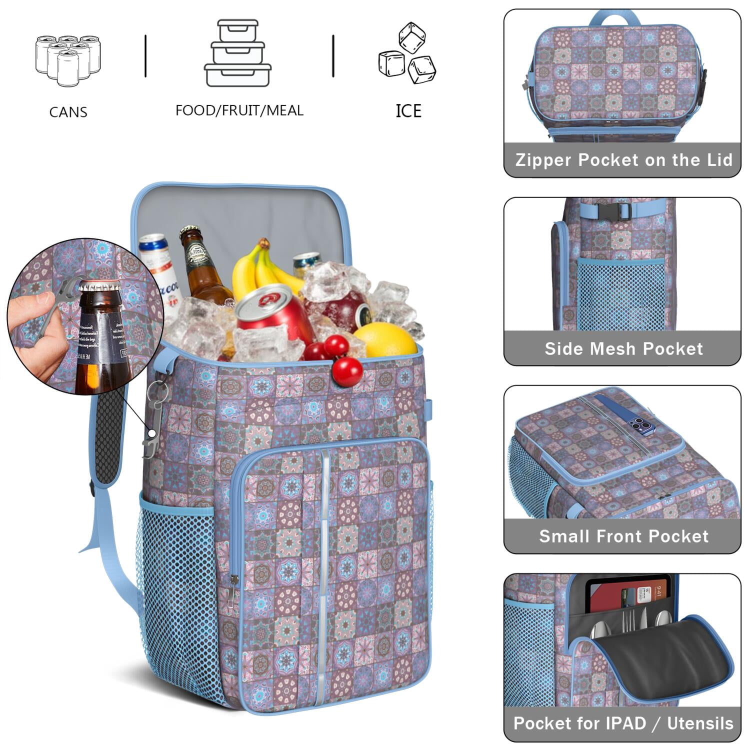 Travel Cooler Bag - Boho Bohemia Flower Camping Beer Cooler Backpack with Bottle Opener- Waterproof Insulated Picnic Backpacks - Cooler Bag for Beach