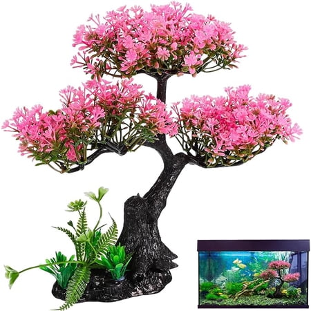 Didiseaon Aquarium Artificial Plants Decor, Pink Cherry Blossom Tree Grass Set Plastic for Fish Tank Accessories, Fish Tank Decorations