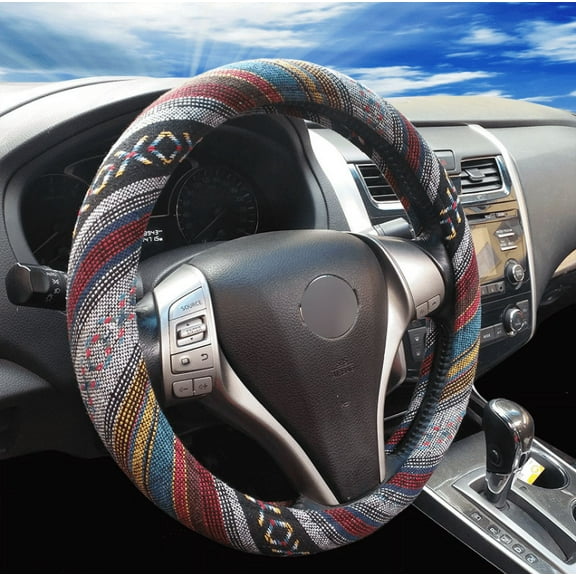Car Steering Wheel Cover Universal Fit 15 inch Ethnic Style Coarse Flax Cloth Sterring Wheel Protection Cover
