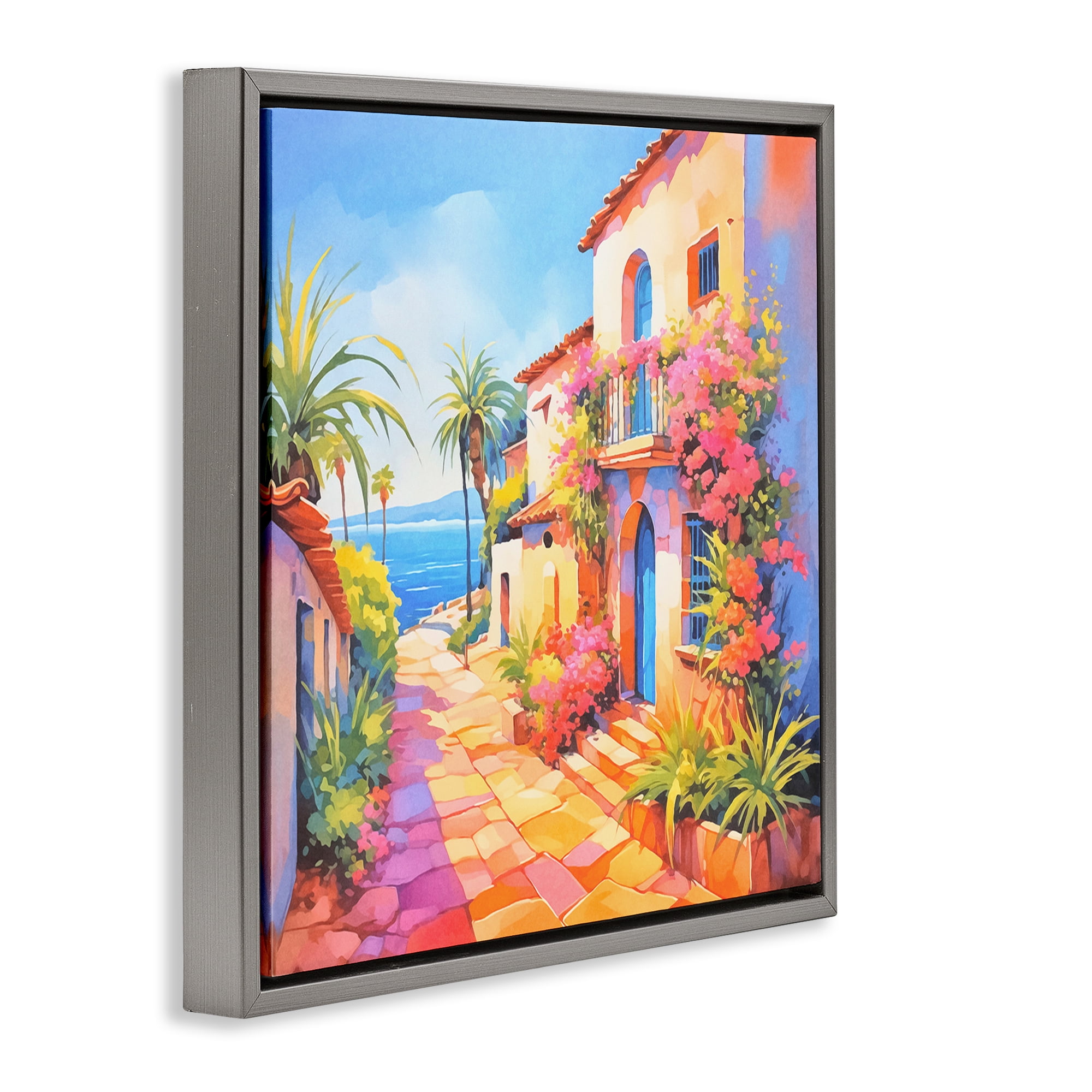 Stupell Industries Tropical Bella Vista Scenic & Cityscapes Painting Gray Floater Framed Canvas Art Print Wall Art, 18 x 18