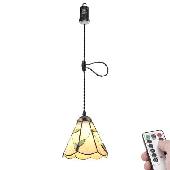 KAYYELAMP Battery Run Hook Tiffany Hanging Lamp Remote Dimmable Neutral Lighting Art Handmade Leaves Pattern Glass 3.9ft Adjustable Cord for Kitchen Store 1Pcs