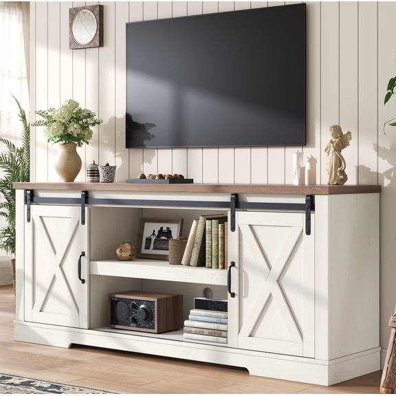 Distressed White&rustic 66 Inch Farmhouse TV Stand With Sliding Barn