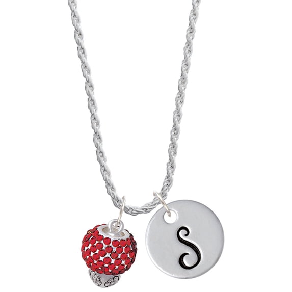 Delight Jewelry Silvertone Red Crystal Sparkle Spinner Silvertone Script Initial Disc - S - Charm Necklace, 20"+3"