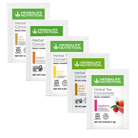 Herba life. Herbal Tea Concentrate All Flavors 25 Packets, Lemon Flavor (5 Packets), Sweet Ginger (5 Packets), Raspberry (5 Packets), Chai (5 Packets), Peach (5 Packets)
