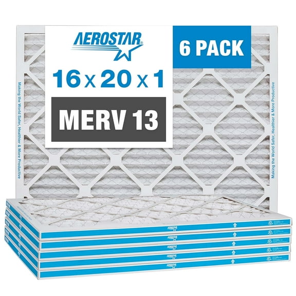 Aerostar 16x20x1 MERV 13 AC Furnace Air Filter, Pleated HVAC Filter, MPR 1900 FPR 10, Allergen Defense, 6-Pack, Made in USA