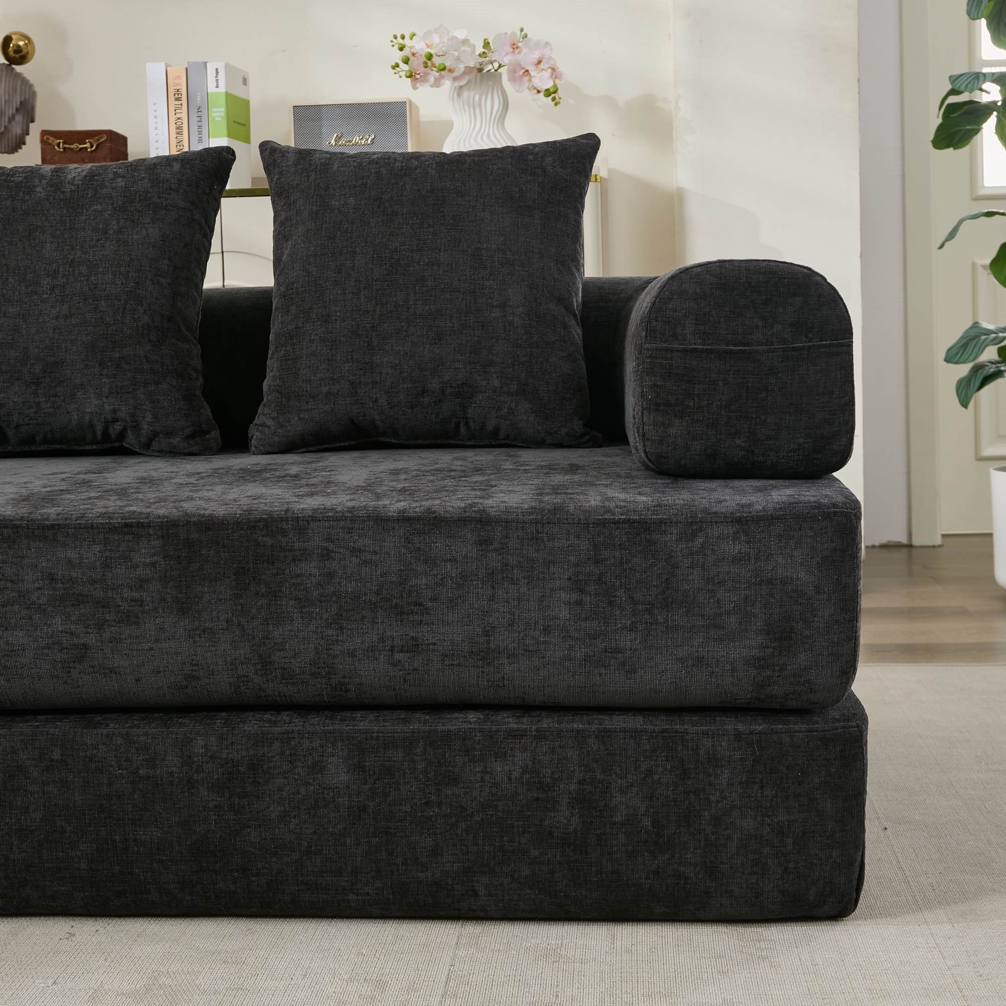 Aukfa Convertible Sleeper Sofa Bed King Floor Futon Couch for Living Room Bedroom, Chenille, Black