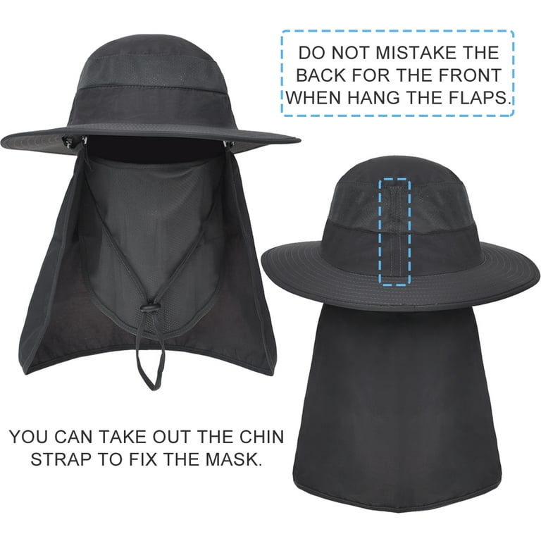 Toptie Unisex Summer Outdoor Wide Brim Mesh Bucket Sun Hat Adjustable  Neck&Face Flap Cap Fishing Boonie Hat w/ Face Cover-Navy 