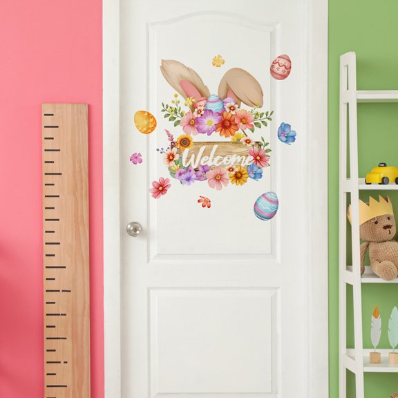 KOYPTL Large Easter Wall Stickers,Easter Eggs Bunnies Wall Decals Window Clings for Spring Summer Bedroom Living Room Decorations,Colorful Flowers Decor Party Supplies for Home Office Door Ornaments