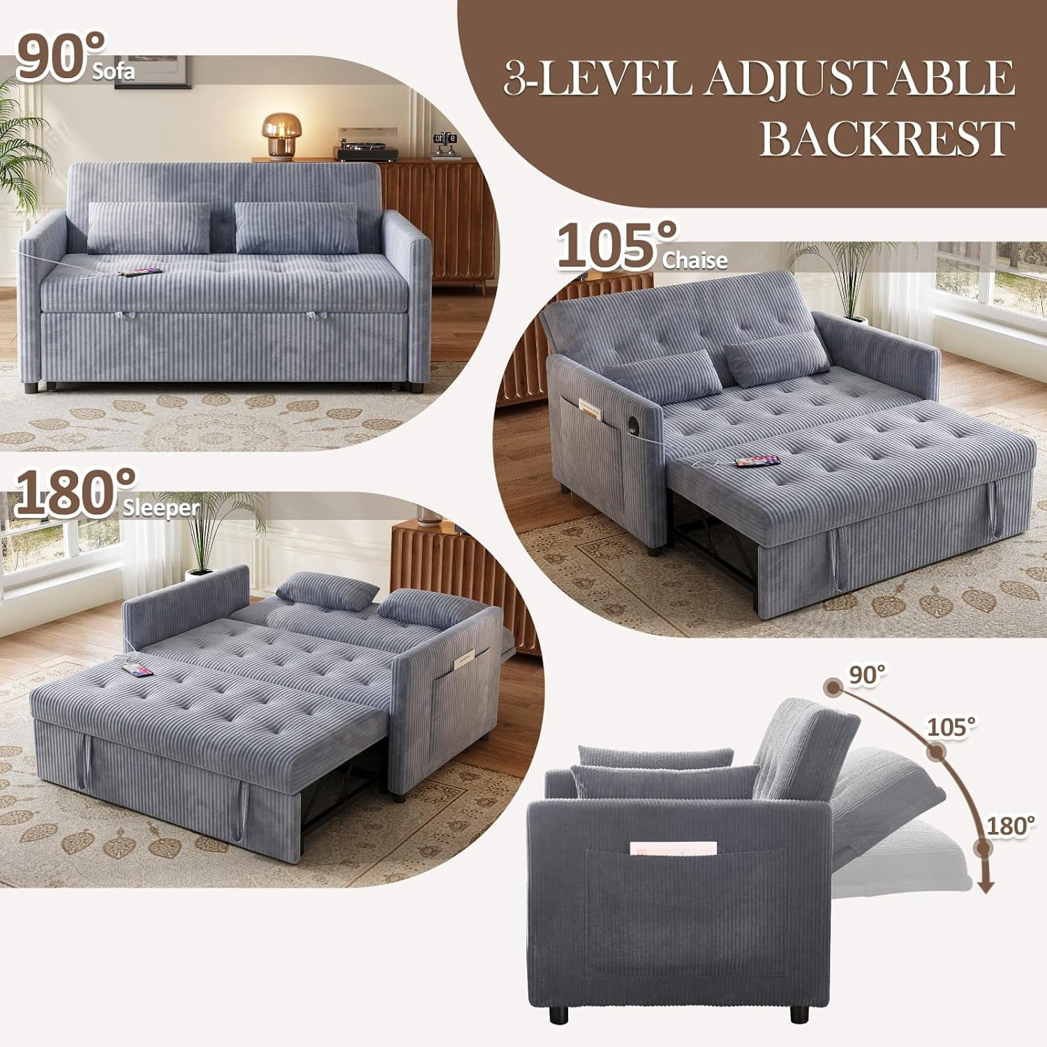 53" Corduroy 3-in-1 Convertible Loveseat Sofa Bed with Pull-Out Sleeper, Adjustable Backrest, USB & Type-C Ports, Storage Pockets, Small Space 2-Seater Couch for Living Room, Bedroom, Apartment, Gray