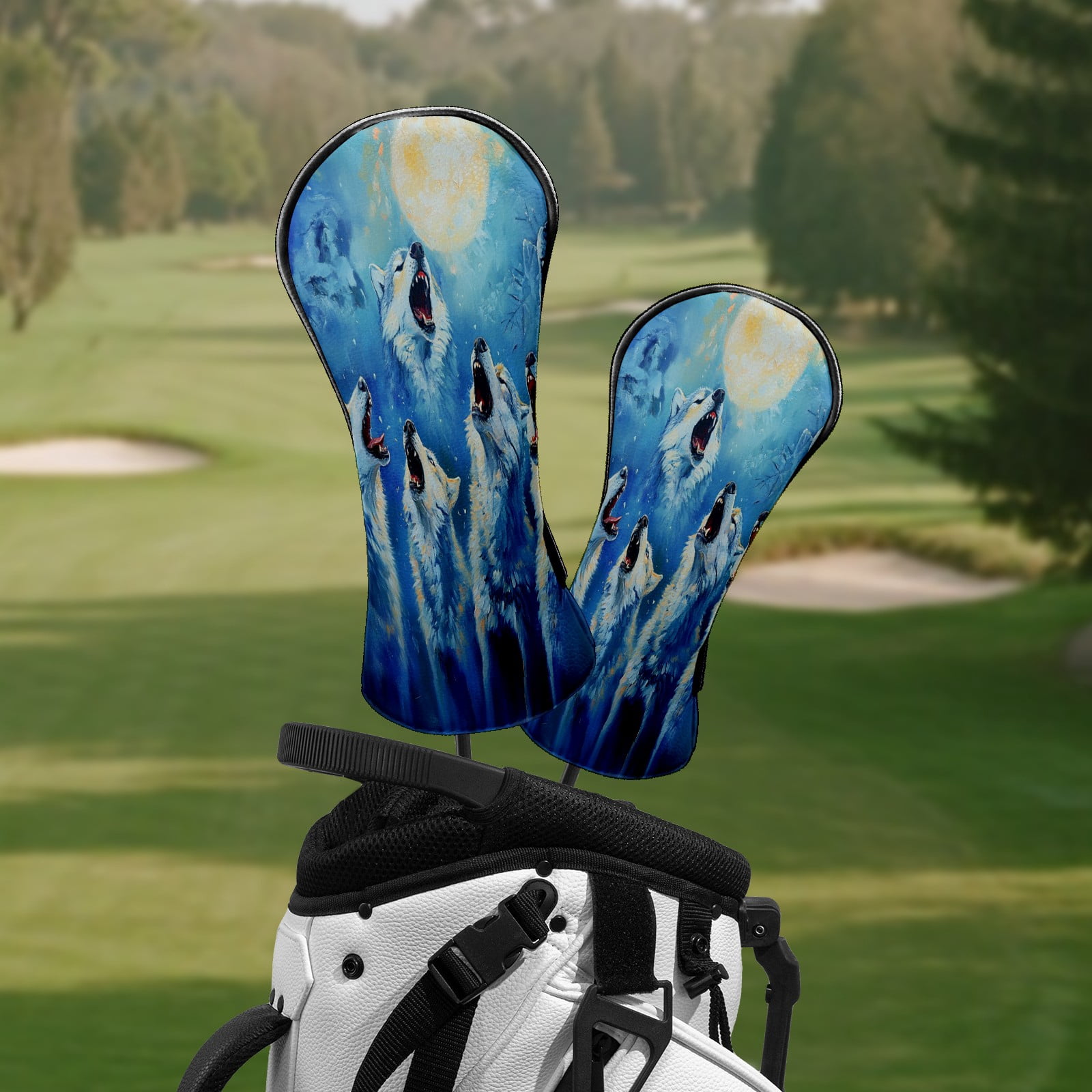 Golf Club Head Covers WolfHowlMoonlitNight Waterproof Leather Golf Head Covers for Men Women Driver Head Cover Fairway Headcover for Golf Lovers