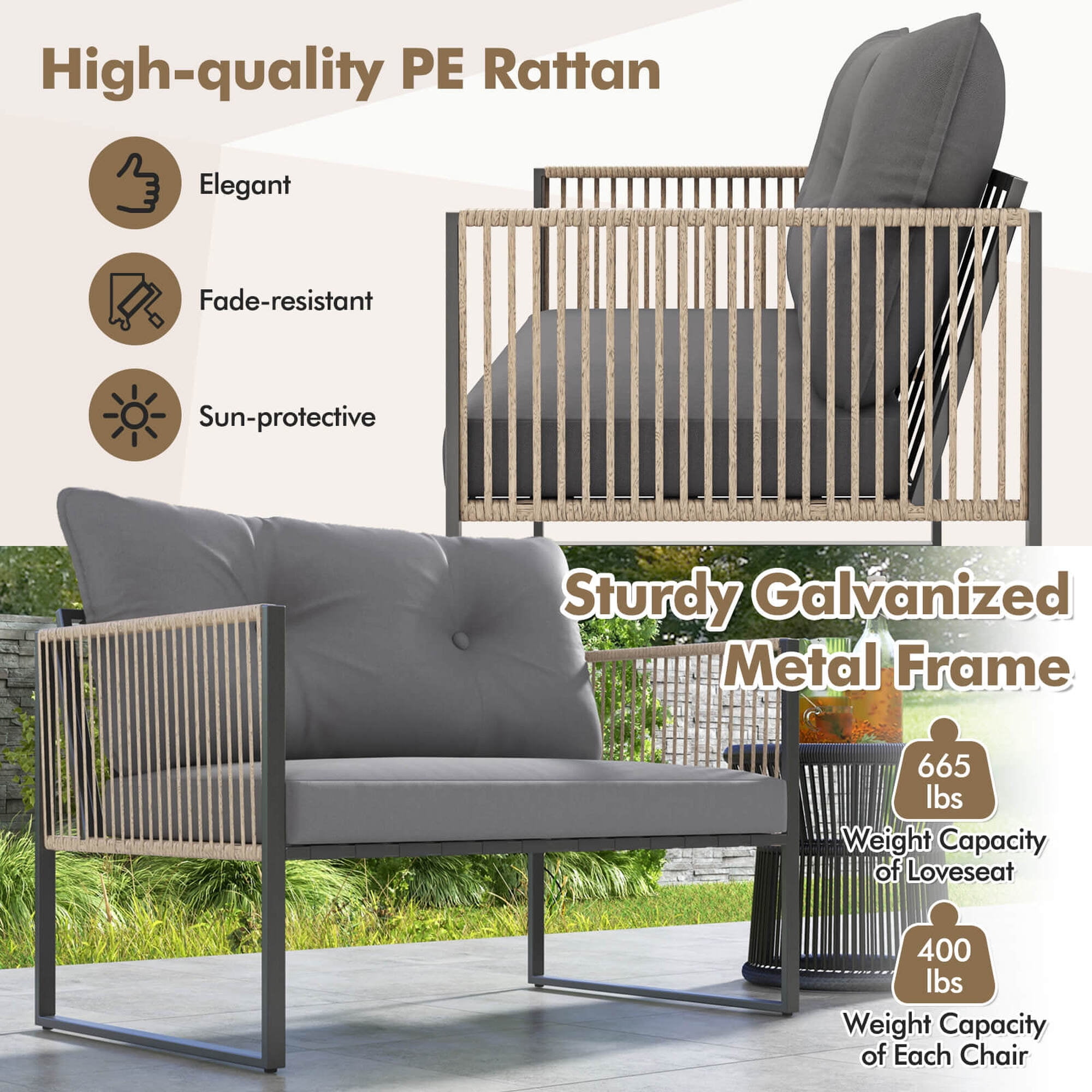 Costway 4 PCS Patio Furniture Set PE Rattan Conversation Sofa Set with Thick Cushions