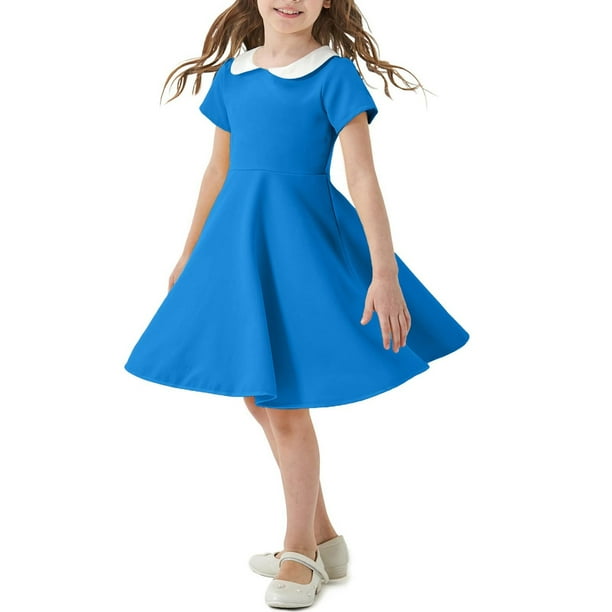 QIPOPIQ Girl's Short Sleeve Casual Vintage Peter Pan Collar Fit and Flare Skater Party Dress with Pockets 4-12 Years Clearance