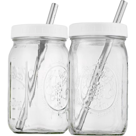 Reusable Wide Mouth Smoothie Boba Tea Cups Bubble Tea Cups with Lids and Silver Straws Mason Jars Glass Cups (2-pack, 32 oz mason jars)