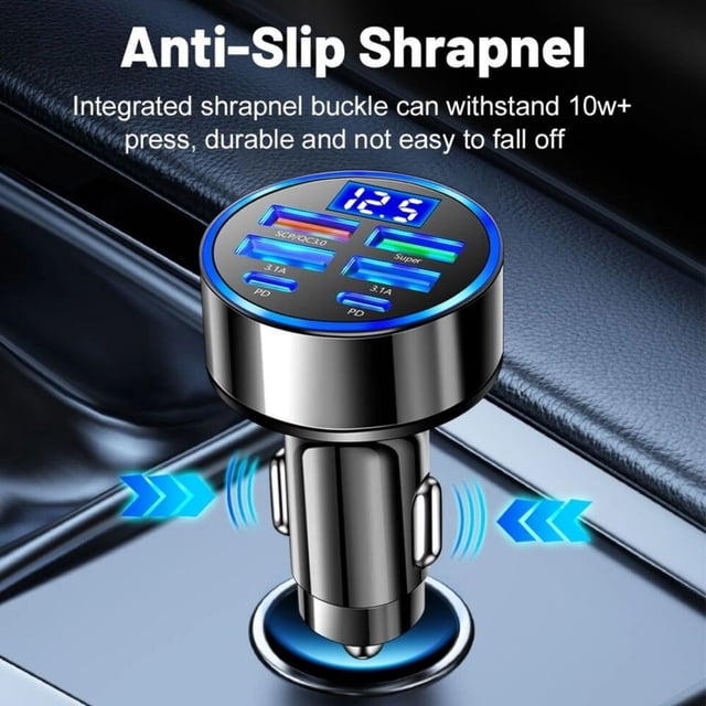 Fast Car Charger - 4 USB + 2 Type-C Ports, 100W, Digital Display, ABS Material, Universal Compatibility, Overcharge Protection, for iPhones/Mobiles